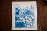 Bottom right corner of vintage 1972 blue Bethesda Fountain lithograph with artist's signature.