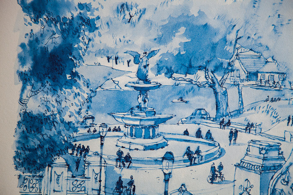 Blue Minimalistic Central Park NYC Bethesda Fountain Lithograph 4 // ONH Item 1414