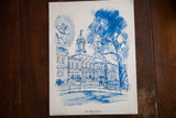 Vintage 1970s Blue Minimalistic City Hall NYC lithograph, expressive blue ink wash.
