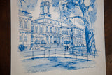 Detail of the vintage blue lithograph showing New York City Hall's left facade.