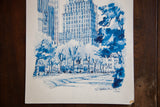 1970s vintage blue and white lithograph artwork of Grand Army Plaza, NYC cityscape.