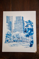 Artist's signature, 1972 date, and minor corner wear on the vintage blue NYC lithograph.
