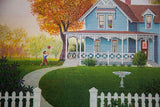 A cat sits on the steps of the blue house's detailed white porch in K. Chin's autumn lithograph.