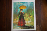 Lady With Gold Umbrella vintage lithograph, elegant woman amidst textured colorful brushstrokes.