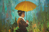 Vintage lithograph detail: elegant lady's profile, gold umbrella, painterly background.