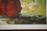 Lower right of Lady With Gold Umbrella lithograph with textured brushstrokes and copyright text.