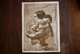 A vintage Palmieri lithograph of a mother holding her son, rendered in expressive sepia tones.