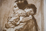 Multi-tonal brown strokes showing the intimate embrace of a mother and son in a vintage lithograph.