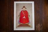 Vintage lithograph of a Korean Emperor in a warm, enveloping red robe, seated on an ornate throne.
