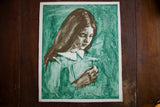 Vintage lithograph by Palmieri of a girl holding a daisy, with textured green and brown.