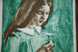 Textured ocean green multi-tone background of the vintage Palmieri lithograph.