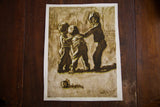 Vintage Palmieri lithograph of three children playing football in multi-tonal grey and green.
