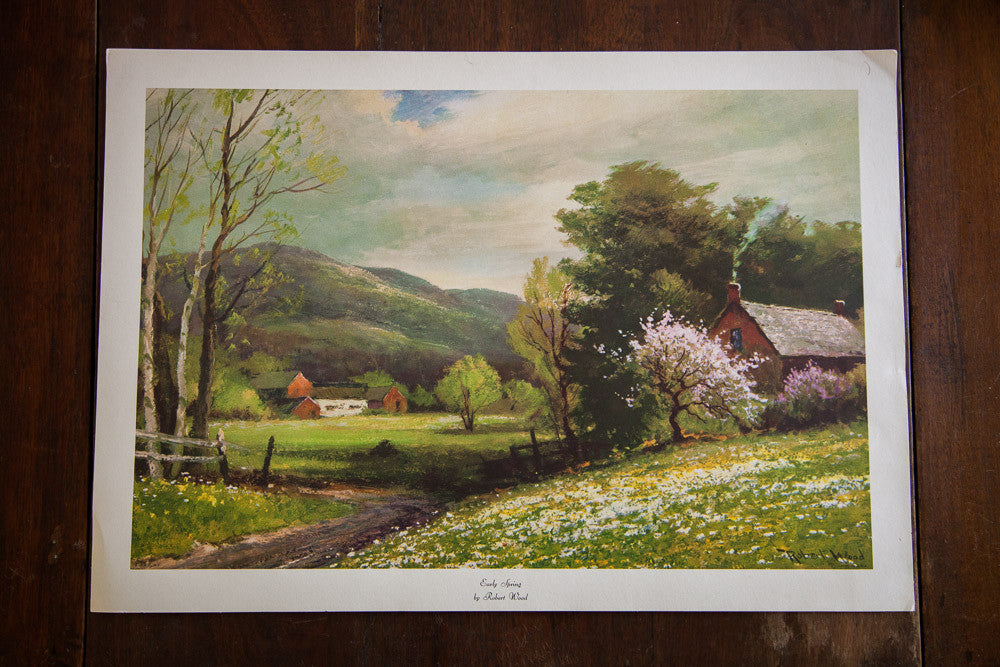 Vintage Early Spring by Robert Wood lithograph; blooming farm scene with cherry blossom tree.