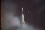 Vintage lithograph, lighthouse top with red cap, two seagulls, and dark misty background.