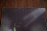 Top right corner detail of vintage lighthouse lithograph with creasing.