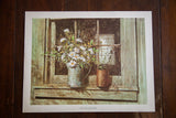 Vintage lithograph by R. Nappi, 'Rustic Bouquet,' shows daisies on a weathered windowsill.