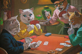 Grey male cat smoking cigar and white female cat holding red playing cards.