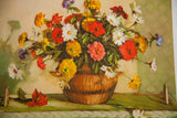 Colorful detail of red, yellow, and white zinnias and marigolds in D Roberts print.