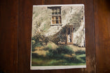 Dramatic vintage lithograph of an old building with a weathered stone facade and grassy foreground.