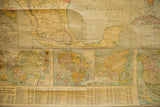 Antique 1901 map details Mexico, Cuba, and smaller world maps on creased canvas.