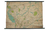 Vintage 1930s Northern Westchester property owner map with beige, green, and teal on dowels.