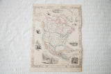 Detailed North American map with vibrant country outlines and intricate border vignettes.