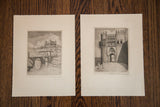 A set of two intricate vintage engravings depicting detailed architectural scenes.