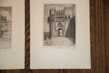 Close-up of a vintage engraving depicting a stone gateway, with the artist's signature below.