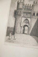 Pencil signature of artist M. Lledias and 1961 date on a vintage architectural engraving.