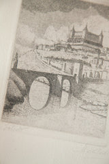 Artist M. Lledias's signature and 1935 date on the intricate vintage architectural engraving.