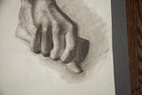Soft charcoal shading and texture on the closed fist of an antique sketch.