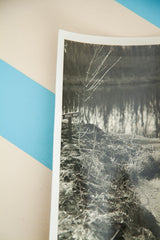 Close-up of the vintage photograph showing the 'Patsy's Point' sign by a lake.
