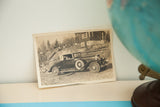 Original sepia tone antique photograph of a blurry vintage car, woman, and dog, 5x7.