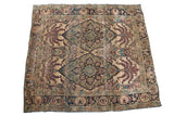 Antique Persian Kerman rug: ivory field, double medallion, purple and blue leaf motifs. 4'2