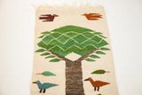 Romanian Pictorial Kilim rug, cream ground, green tree, flying birds, and ground ducklings, 1'11