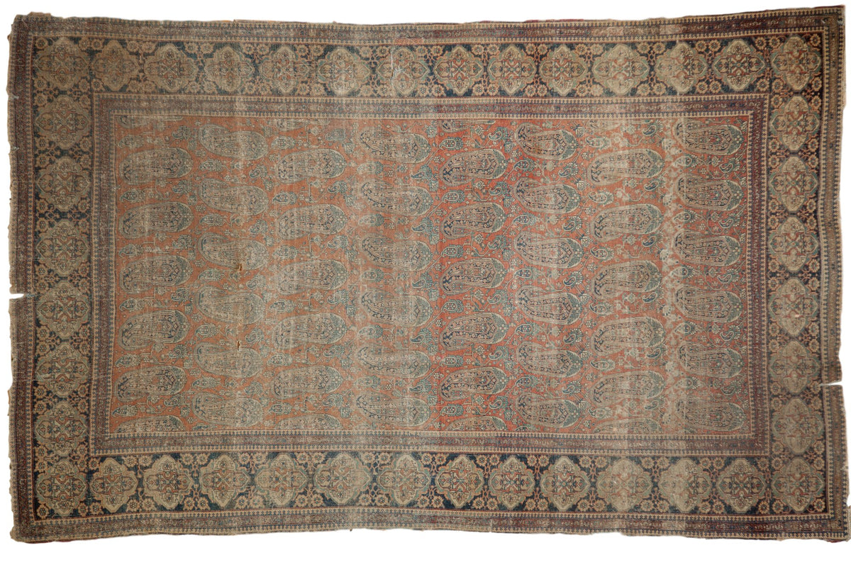 Antique Mohtashem Kashan rug, rare allover paisley boteh design, rust field, dark Mohtashem border, 4'5" x 7'1".