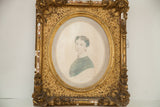 Ornate gold gilt frame corner, distressed with flaking finish, for a Victorian hand-drawn portrait.