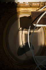 Patterned shabby gold gilt frame corner with a shadowed section of the Victorian portrait.