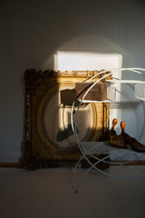 Antique shabby gold gilded frame portrait, ornate detailing, bathed in natural light.