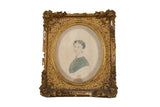 Shabby antique gold gilt ornate frame with a hand-drawn Victorian portrait.