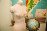 Mid Century dress form, back view with tied string and aged cotton canvas.