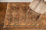 Early 20th-century tribal rug corner with walnut field, herati design, and muted lime border.