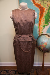 Vintage 60s Asian-inspired two-piece dress in bronze-brown, subtle floral jacquard, with frog closures.