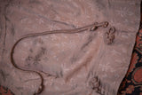 Vintage 60s Asian Inspired dress in muted rose with leaf pattern and frog closures.