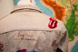 Rolling Stones tongue logo and Pink Floyd embroidery on vintage denim jacket.