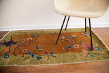 Vintage Chinese Art Deco rug with mustard gold field, lime green border, and floral bird design, 2'7