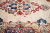 Detail of Kerman floral rug, showing tone-on-tone rose and multi-shade indigo flowers.