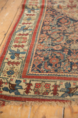 Antique Bijar rug border featuring stylized blue birds, red designs, and worn fringe.