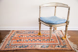 Vintage Turkish Melas rug with coral pink and blue geometric double tree design, 2'10