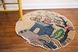 Whimsical blue cottage motif, protective tree, and bubbly clouds on this vintage round rug.